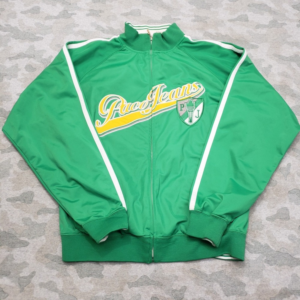 Vintage‎ Paco Jeans Jacket Mens Large Green Y2K Full Zip Bomber Embroidered